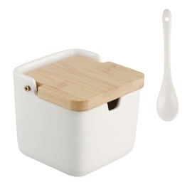 Ziyonix Sugar Bowl, Ceramic Salt Container Condiment Pots Spice Jar Condiment Containers with Bamboo Lid and Ceramic Spoon for Home and Kitchen