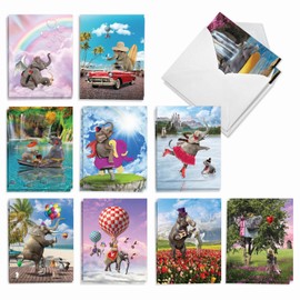 The Best Card Company - 20 Blank Note Cards with Envelopes (4 x 5.12 Inch) - All Occasion Animal Card Assortment (10 Designs, 2 Each) - Elefantasy Fun AM9617OCB-B2x10