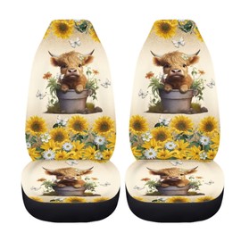 Drydeepin Yellow Sunflower Highland Cow Cattle Car Seat Covers Set of 2 Retro Daisy Flower Butterfly Print Car Accessories Auto Interior Decor Bucket Seat Covers Universal Fit Trucks SUV Van