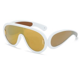 YUELUQU Fashion Rave Sunglasses for Women Men Oversized Futuristic Shield Wave Mask Sunglasses Designer Style, white/gold