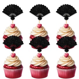 Folding Fan Cupcake Topper for Retro Theme Party Favors Decorations Men Women Happy Birthday Party Decor Supplies set 18pcs Black Glitter