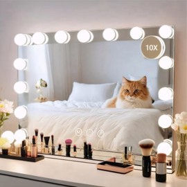 MKupView Vanity Mirror with Lights 22.8" x 18.2" White Makeup Mirror Hollywood Mirror with 15 Dimmable LED Bulbs 3 Color Modes 10X Magnification & USB Charging Port Mirror for Bathroom or Wall-Mounted