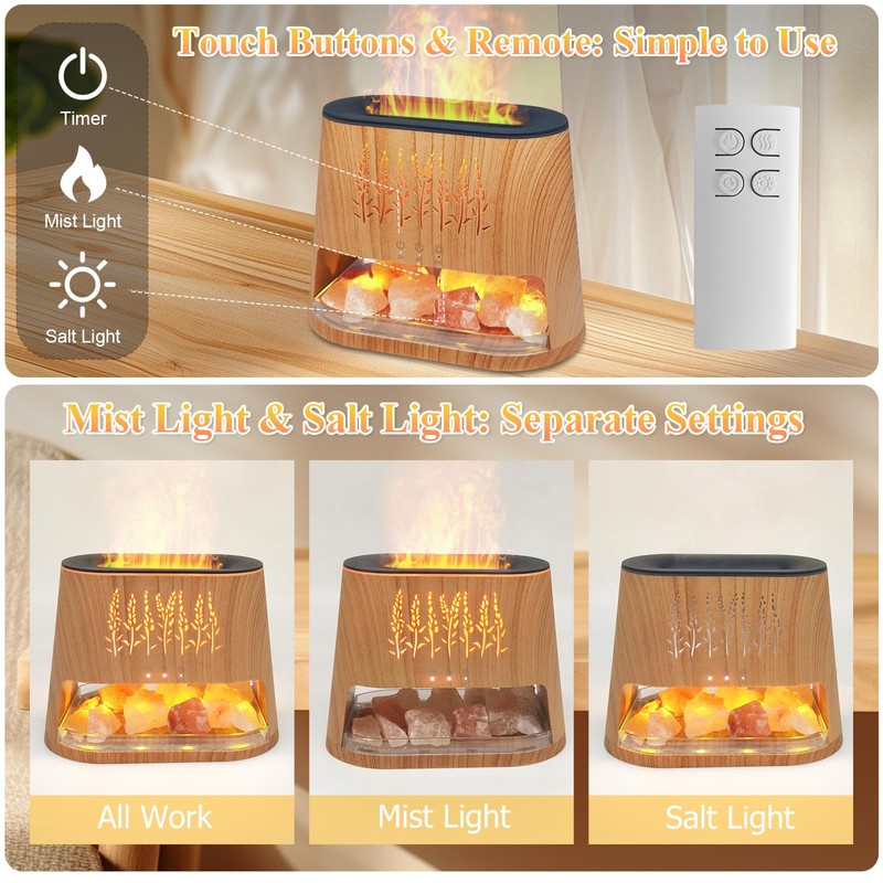 Fireplace Flame Diffuser & Himalayan Salt Lamp, 8 Colors Aromatherapy
