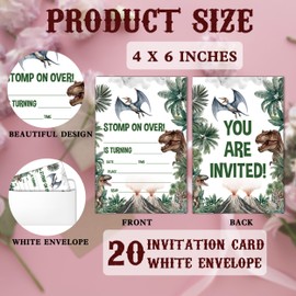 SIXEIGHT Dinosaur Birthday Party Invitations for Boys Girls, Dinosaurs Park Birthday Invitations, 20 Pack Dinosaurs Invites with Envelopes, Dinosaur Theme Party Decorations Supplies, 4"x6"-D06