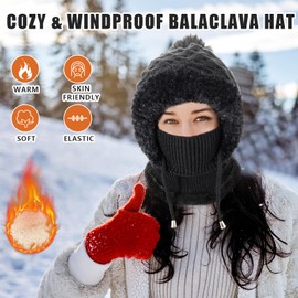 AYPOW Women's Winter Hat with Scarf Face Mask, Thermal Knitted Hat Balaclava with Warm Fleece Lining Pompom, Soft Thick Beanie Winter Hat Hooded Scarf Ski Hat for Outdoor Use, black