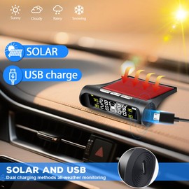 Tire Pressure Monitoring System, Tire Pressure Monitor with Solar and USB Charge, TPMS with 4 Sensors & 6 Alarm Modes, Real Time Pressure and Temperature Auto Safety Monitor for Truck Rv Trailer Car