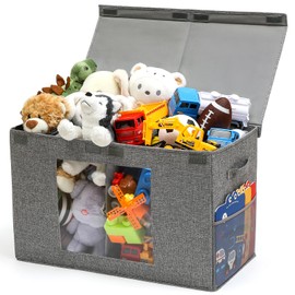 NETANY Clear Window Toy Box & Toy Chest with Lid - Large Toy Storage Organizer, CollapsibleToy Bin with Mesh Pockets for Boys, Girls, Playroom,Living Room Area Organization 25"x13" x16" (Linen Gray)
