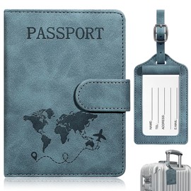 Tatxmalv Passport Cover and Suitcase Tag Set, Faux Leather Passport Case, Adopt Hidden Magnetic Press Lock Design, Passport Case Perfect for Travel or Business Trip (Blue), blue, Minimalist
