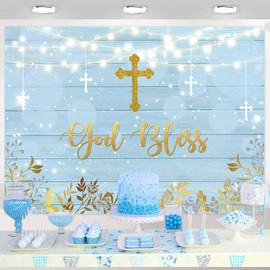 Sensfun Boy Baptism Backdrop God Bless Rustic Blue Wood Gold Leaves First Holy Communion Baby Shower Photography Background Christening Cake Table Party Decorations Banner Photo Booth Props 7x5ft