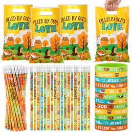 Ireer 60 Sets/ 180 Pcs Fall Religious Party Favors, Includes 60 Filled by God's Love Goody Bags 60 Christian Fall Pencils 60 Bible Verse Rubber Wristband for Church Sunday School Supplies