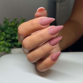 Matte Pink Press on Nails - Almond Shaped Medium Length Neutral Acrylic Reusable Fake Nails for Women, Glue on Stiletto False Soft Gel Artificial Nails