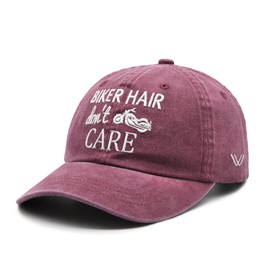 Waldeal Biker Hair Don't Care Hat for Women, Denim Washed Adjustable Baseball Cap, Red