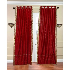 Indian Selections Lined-Red Ring Top Sheer Sari Curtain/Drape/Panel - 80W x 120L - Piece