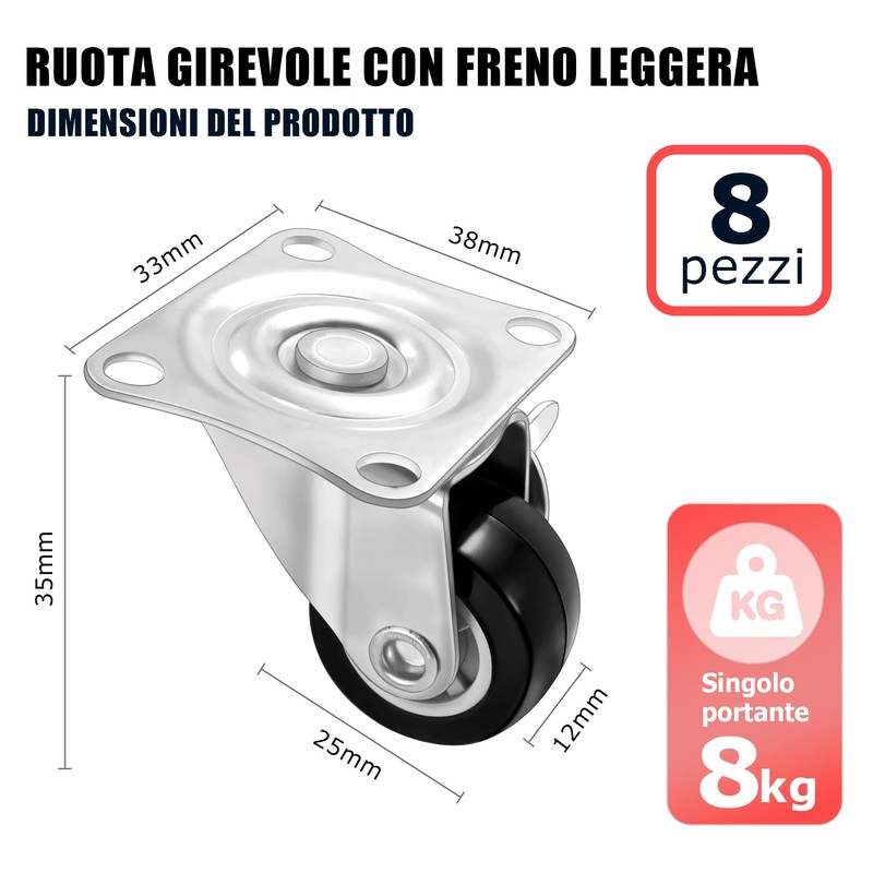 8 Pieces Furniture Castors Including 32 Screws, 1 Inch Wheels