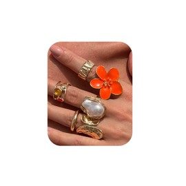 ZMJK 6PCS Vintage Flower Stackable Rings for Women Non Tarnish Chunky Gold Rings Baroque Pearl Knuckle Statement Rings Set (Orange flowers)