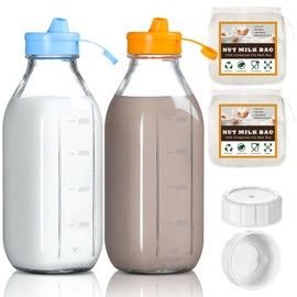 2 Pack Milk Bottle with 2 Pcs Nut Milk Bag, 32 Oz Reusable Glass Bottles with 2 Dispenser Cap and 2 Airtight Lids, Breast Milk Pitcher, Juice Container for Refrigerator, Water Jug, Syrup, Honey