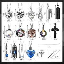 Ecation 15 Pcs Urn Necklace for Ashes Keepsake Cremation Jewelry Stainless Steel Cross Heart Cubic Locket Ashes Necklace Crystal Memorial Pendant for Human Women Men Loved Ones, 15 Styles (Blue)