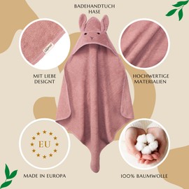Liomio Hooded Towel Baby - Baby Towel with Hood 100% Cotton [Oeko-Tex® 100] Soft, Cuddly Baby Bath Towel Baby Gift - 75 x 75 cm [Made in the EU] Children's Towel (Hare - Pink)