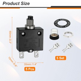 sourcing map 5PCS 25A Thermal Circuit Breakers, 125/250V AC,32/50V DC Manual Reset Push Button Overload Protector Circuit Breaker with Waterproof Button Caps Quick Connector Terminals, L-MC