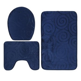 Juego de 3 Alfombrillas para Baño con Alfombras Absorbentes Laterales para Bañera, Cubierta de Tapa de Inodoro con Diseño en Piedra, Alfombrillas de Suelo para Baño (Azul marino)