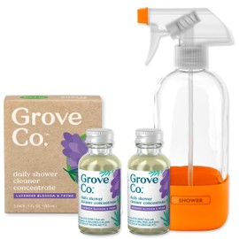 Grove Co. Daily Shower Cleaner, Refill Concentrate (2 x 1 Fl Oz) + 1 x Reusable Glass Spray Bottle (16 Oz), Plant-Based Cleaning Supplies, Reduced Plastic, Lavender Blossom & Thyme Fragrance