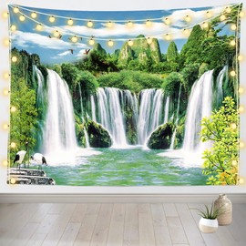 BELECO Mountain Waterfall Tapestry Wall Hanging 70x47 Inch Green Mountain Trees Lake Nature Art Tapestry Asian Landscape Tapestry for Bedroom Living Room Dorm Decor Home Decorations