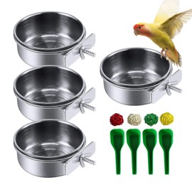 kathson Stainless Steel Bowls for Birds,4 Pcs Parrot Feeder Dish Cups,Bird Cage Water Food Bowl Coop Cup with Clamp Holder for Parrots Cockatiel Budgies Parakeet Lovebird(S)