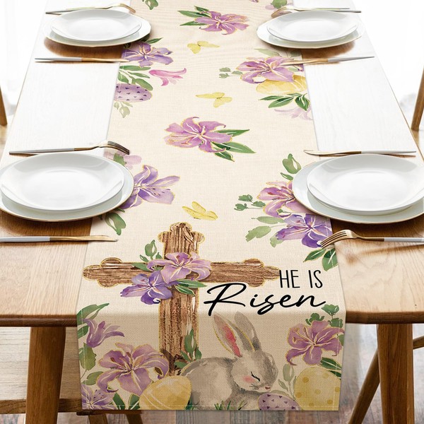 Uruney Christian Easter Lily Flower Table Runner, Religious Cross He