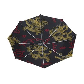 Poeticcity China Chinese Dragon Seamless Yellow Gold Red Dragons on Black Automatic Folding UPF 50+ Anti-UV Rain Umbrella, Auto Open/Close 3 Folds Sun Parasol Canopy Windproof Compact Travel Umbrella