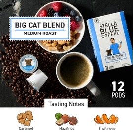 Stella Blue K Cups Coffee Pods, Big Cat Blend, Medium Roast, Caramel, Hazelnut and Fruitiness Notes, 100% Arabica, Ethically Sourced from Central & South America, 12 Single Serve Recyclable Pods