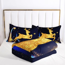 XMNTG Microfiber Christmas Golden Reindeer Snowflakes Comforter 3 Pieces Comforter Set Soft Fluffy Lightweight Bedding Set with 1 Comforter and 2 Pillow Shams (Yellow Purple, King)