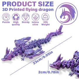 TEAONE 3D Printed Dragon, Flying Dragon with Wings for Party Gifts, Home, Office Decor (21cm/8.26in, Purple)