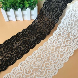 Michear 5 Yards Black Lace Ribbon,10CM Wide Vintage Floral Pattern Lace Trim,Elastic Lace for Dressmaking,Sewing,Gift Wrapping, Bridal Wedding Decorations (Black)