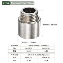 YOKIVE Extension Pipe Fittings, G1/2 Female to G1/2 Male Thread Reducer Adapter Connector, Great for Bathroom Pipe Device, Water Pipe (Silver, 20-mm)