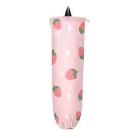 1 PC Plastic Bag Holder Wall Mount Grocery Bag Holder Shopping Bag Trash Bag Storage Organizer Dispenser for Kitchen Closet 22 x 9 Inch Strawberry Pink