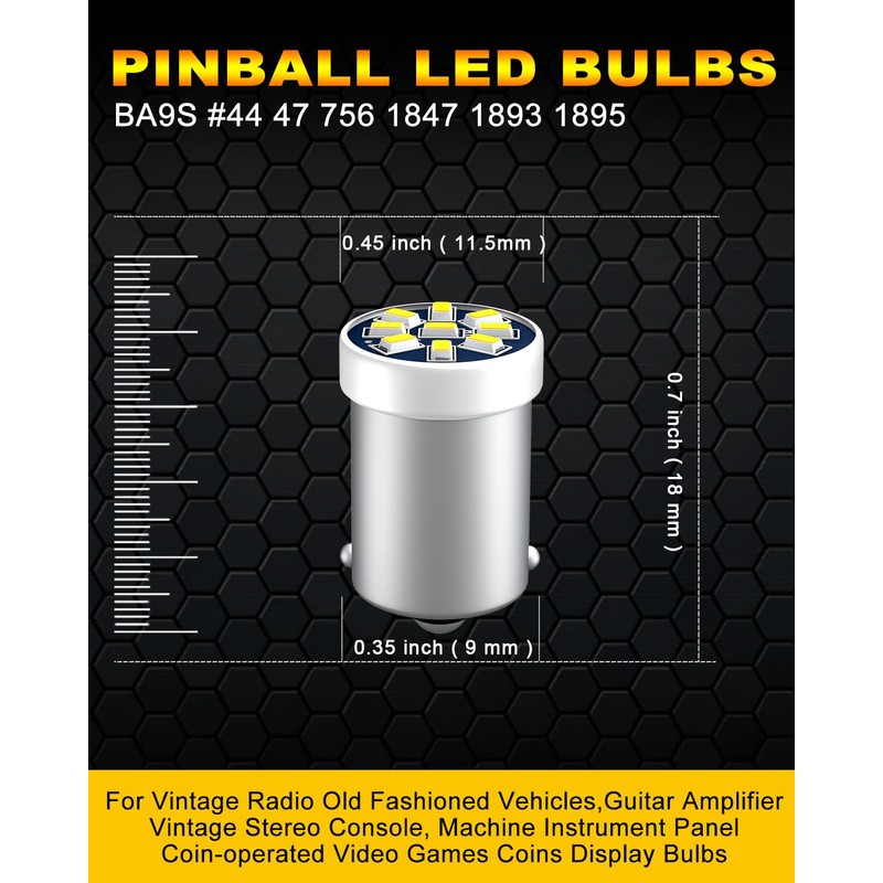 GE44 47 Pinball Machine LED Bulbs BA9S DC/AC 6.3V/6V Coin-operated