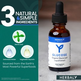 Herbaly Glucose Organic Stevia Leaf Sweetener - Antioxidant Rich Blend - Balanced Systems & Energy- Natural Wellness - Delicious Daily Sweetness For Tea, Coffee, & More - Vegan Formula - 1 fl oz