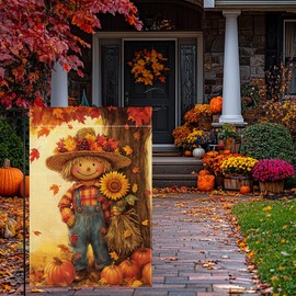 Fall Pumpkins Scarecrow Garden Flag 12x18 Inch Double Sided Thanksgiving Maple Leaves Sunflower Yard Outdoor Flag House Holiday Outside Decoration Burlap