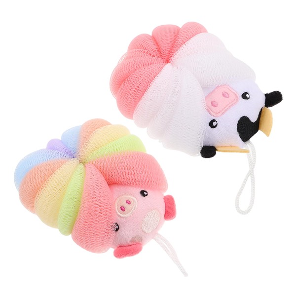 OATIPHO 2pcs Bath Loofah Adorable Pig Cow Designs Large Mesh