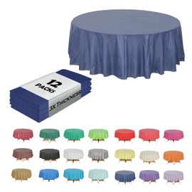 Evershine (12-Pack Heavy Duty Plastic Table Covers Tablecloth (Reusable) (Round 84", Navy Blue)