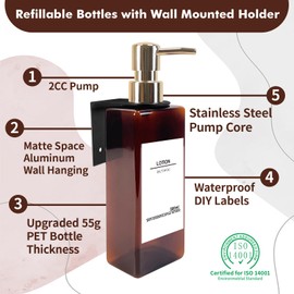 Shampoo Dispenser for Shower Wall, Shampoo and Conditioner Dispenser with 16 Waterproof Labels, No Drill Shower Soap Dispenser Bathroom, Shower Soap Dispenser Wall Mounted 3 Chamber, 17oz, Gold Amber