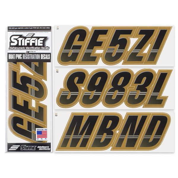 Stiffie Techtron Black/Metallic Gold 3" Alpha-Numeric Registration Identification Numbers Stickers Decals for Boats & Personal Watercraft