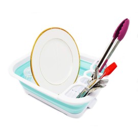 SAMMART Collapsible Dish Drainer with Drainer Board - Foldable Drying Rack Set - Portable Dinnerware Organizer - Space Saving Kitchen Storage Tray (1, White/Lake Green)