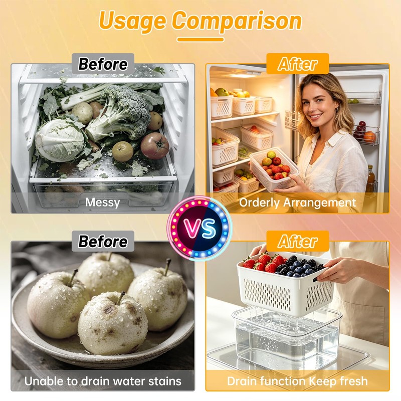 IKKAB 3 Pack Fruit Storage Containers for Fridge with Removable