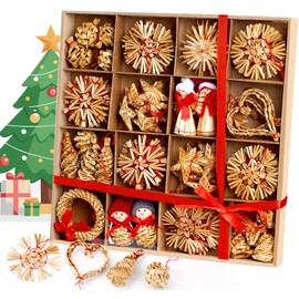 HOUISM 68-Piece Straw Stars Snowflake Set, Straw Christmas Tree Decorations, Straw Pendant, Natural Christmas Tree Decoration with Wooden Box for Christmas Tree Decorations