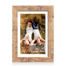iRahmen 6x9 Picture Frame with HD Tempered Glass, Display Pictures 5x8 with Mat or 6 x 9 Without Mat, Wood Photo Frame for Tabletop and Wall (Rustic Brown, 1 Pack)