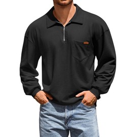 Yousify Mens Casual Quarter Zip Jackets Lightweight Cotton Loose Fit Pullvoer Stylish Fall Jacket with Pocket Black