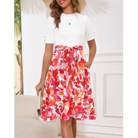 Annebouti 2025 Spring Summer Midi Dresses for Women Semi-Formal Knee Length Business Casual Petite Short Sleeve Fit and Flare Swing Dinner Church Work Teacher Dress White Orange Red S