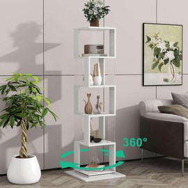 FRITHJILL Modern 5-Tier Rotating Display Shelf, 360-Degree Swivel, Space-Saving Tall Corner Bookshelf, Decorative Storage Organizer for Living Room, Home Office, White