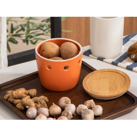 ONEMORE Large Garlic Keeper with Lid, Ceramic Garlic Saver 5 inch, Garlic Keeper for Counter, Orange